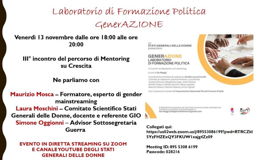 13 novembre, #statigenerali donne on line:  LABORATORIO DI FORMAZIONE POLITICA GENERAZIONI