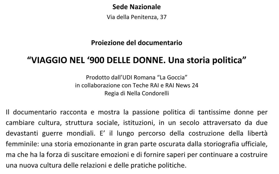 Roma, 19 Novembre – Proiezione del documentario Proiezione del documentario  “VIAGGIO NEL '900 DELLE DONNE. Una storia politica”