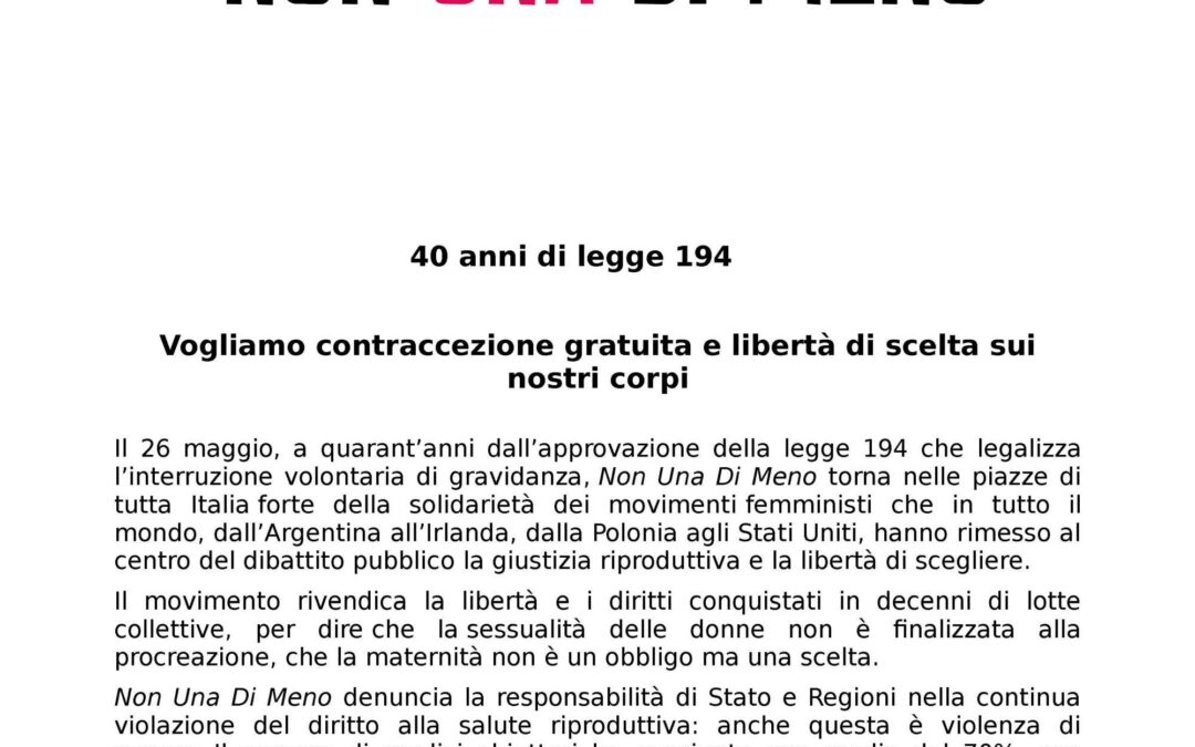 Non Una di Meno in piazza a 40 anni dalla legge 194: Vogliamo contraccezione gratuita e libertà di scelta sui nostri corpi