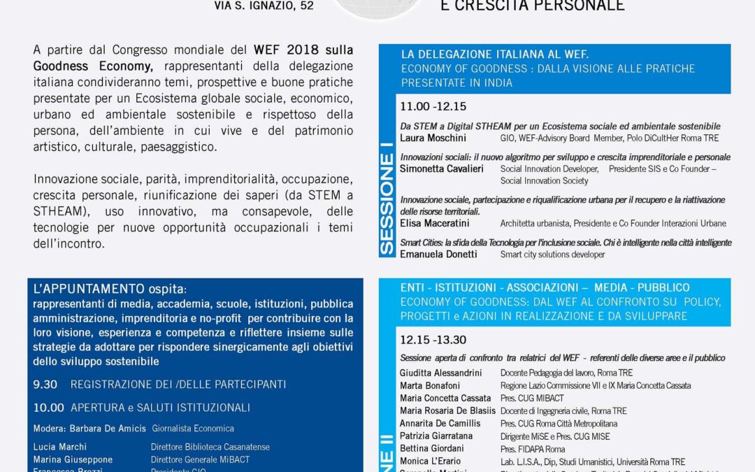 Roma, 5 giugno – Convegno/Workshop WEF-Women Economic Forum dai trend ai progetti: sostenibilità, imprenditorialità, innovazione, crescita personale