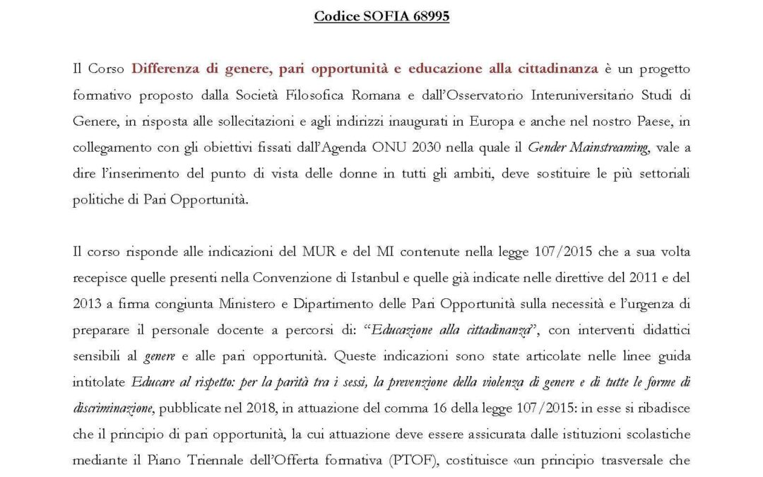 Differenza di genere, pari opportunità ed educazione alla cittadinanza