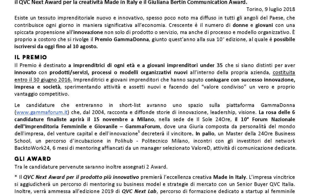 Imprenditoria innovativa, torna il Premio GammaDonna: candidature entro il 10 agosto 2018.