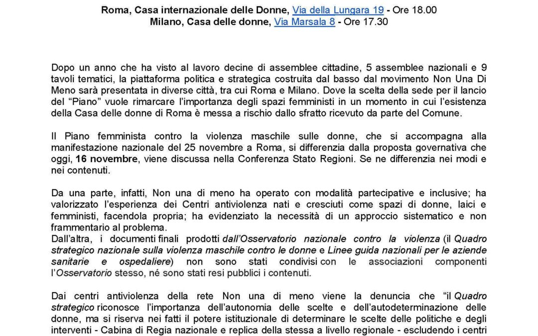 Roma, 21 Novembre – Non Una Di Meno presenta il Piano femminista contro la violenza maschile sulle donne e tutte le forme di violenza di genere