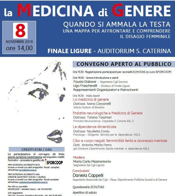Finale Ligure (Savona), 8 novembre – Medicina di Genere: 'Quando si ammala la testa'