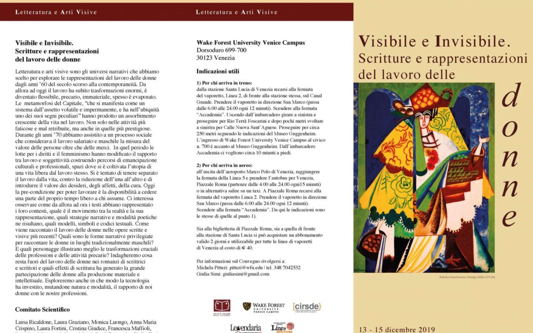 Venezia, 13/15 dicembre: Convegno SIL a Venezia “VISIBILE E INVISIBILE. SCRIOTTURE E RAPPRESENTAZIONI DEL LAVORO DELLE DONNE” presso la Wake Forest University