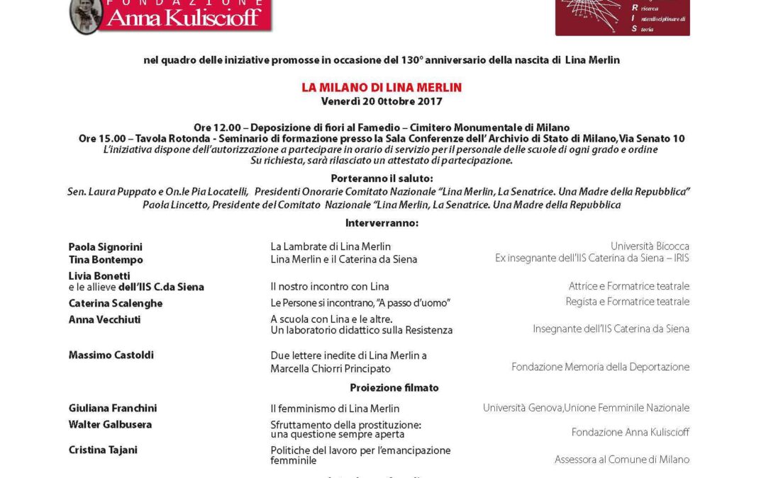 Milano, 20 ottobre – “La Milano di Lina Merlin”