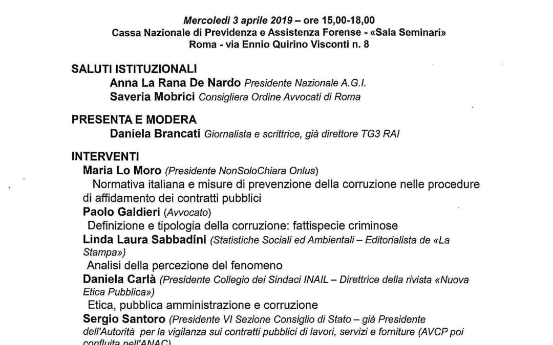 Roma, 3 aprile – Associazione Giuriste Italiane : Workshop “IL FENOMENO CORRUTTIVO: ANALISI NORMATIVA E STRUMENTI DI PREVENZIONE”