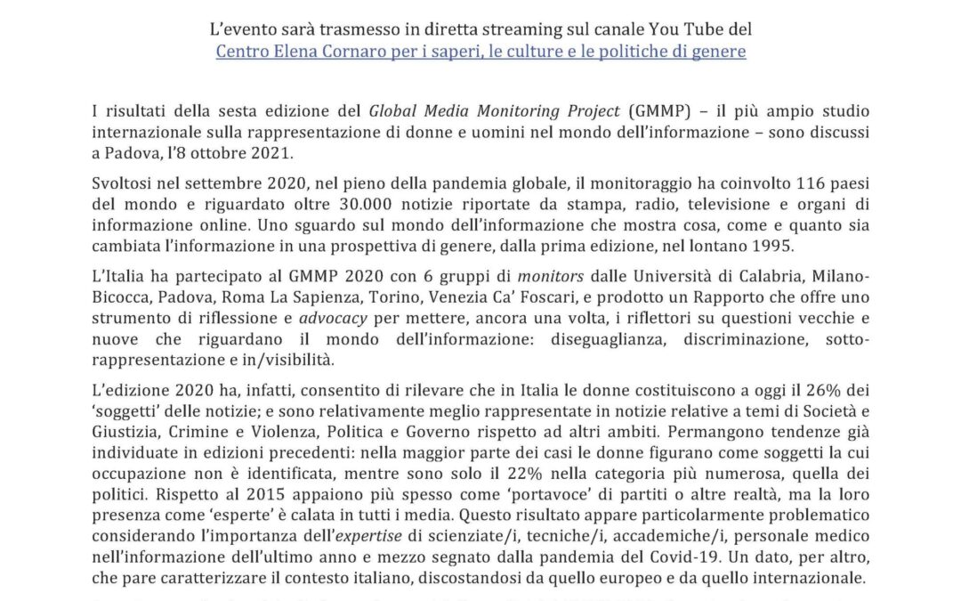 Padova, 8 ottobre – Global Media Monitoring Project 2020/21: Genere e media in Italia nel contesto della pandemia Covid-19