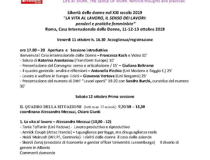 Roma, 11/13 ottobre – “LA VITA AL LAVORO, IL SENSO DEI LAVORI: pensieri e pratiche femministe”