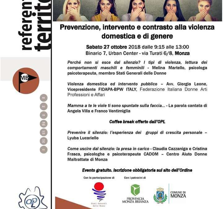 Monza, 27 ottobre – Prevenzione, intervento e contrasto alla violenza domestica e di genere