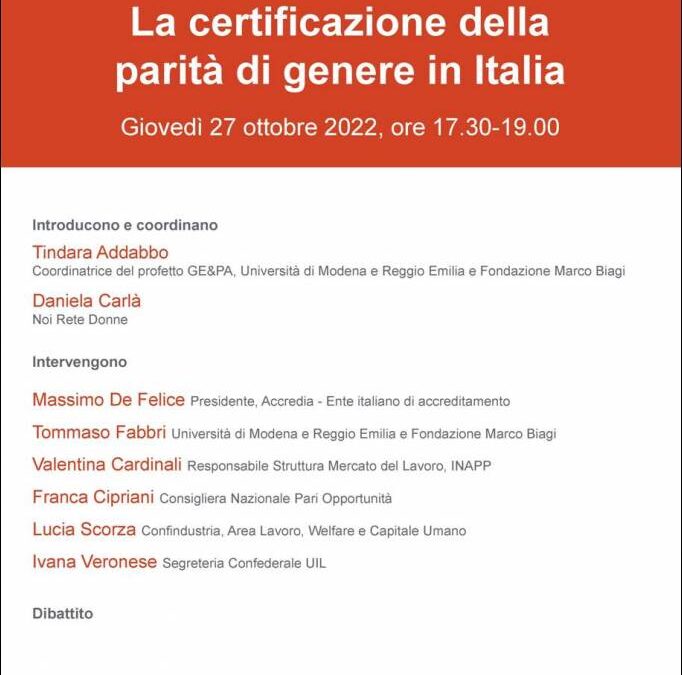 27 ottobre, Seminario “La certificazione della parità di genere in Italia”