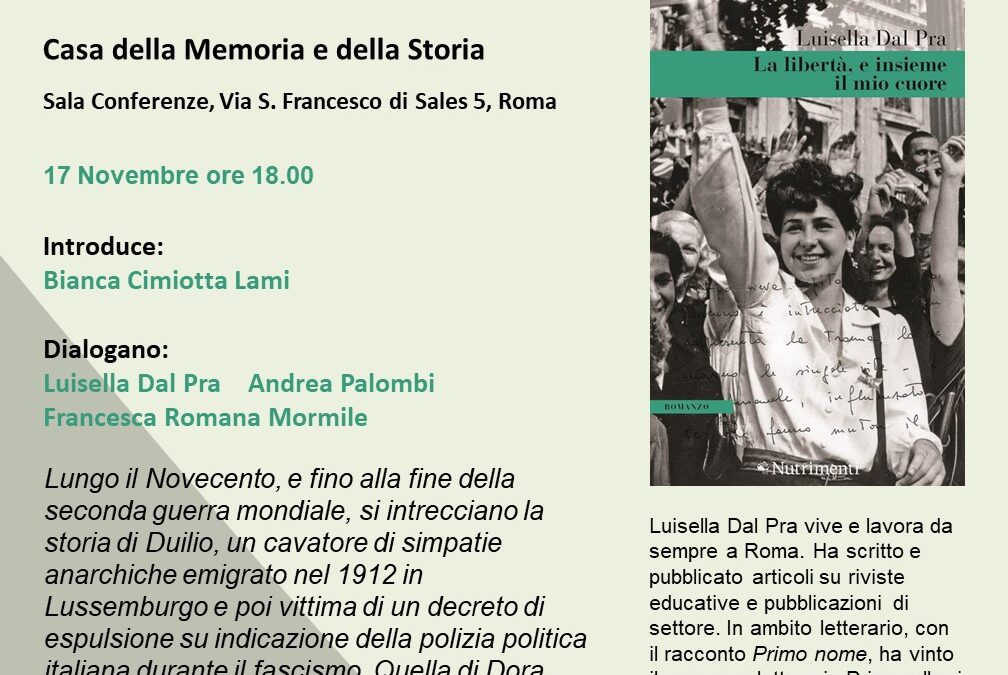 17 novembre, presentazione del libro “𝐋𝐚 𝐥𝐢𝐛𝐞𝐫𝐭𝐚̀, 𝐞 𝐢𝐧𝐬𝐢𝐞𝐦𝐞 𝐢𝐥 𝐦𝐢𝐨 𝐜𝐮𝐨𝐫𝐞” di Luisella Dal pra