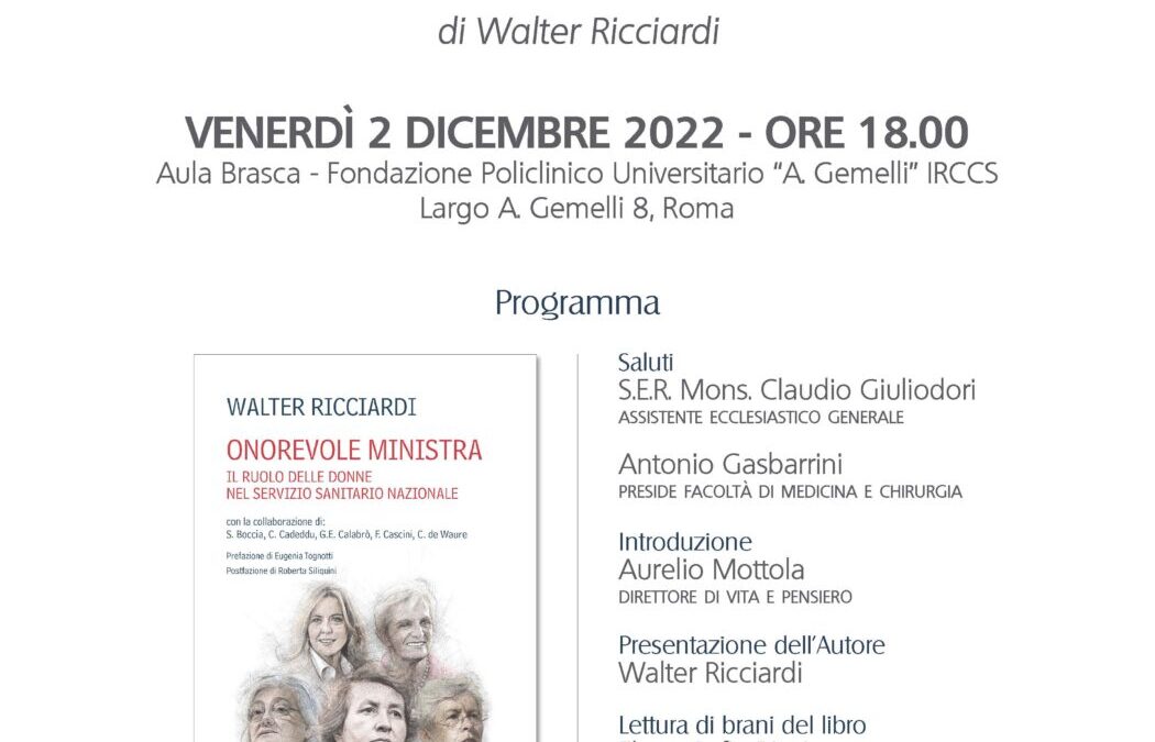 2 dicembre – Presentazione del libro “Onorevole ministra  Il ruolo delle donne nel Servizio Sanitario Nazionale”