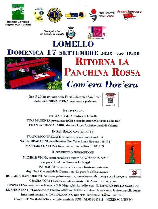 17 settembre: “PANCHINA ROSSA” a Lomello