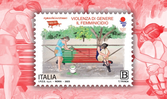 Un francobollo ordinario appartenente alla serie tematica “il Senso civico” dedicato a “Panchine Rosse, la violenza di genere – il femminicidio”