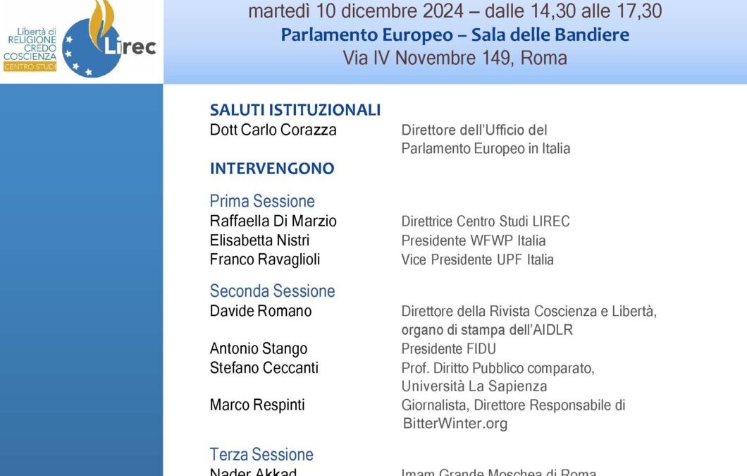 10 dicembre, Parlamento Europeo, Roma: Giornata Mondiale dei Diritti Umani, convegno su libertà di fede, credo e coscienza