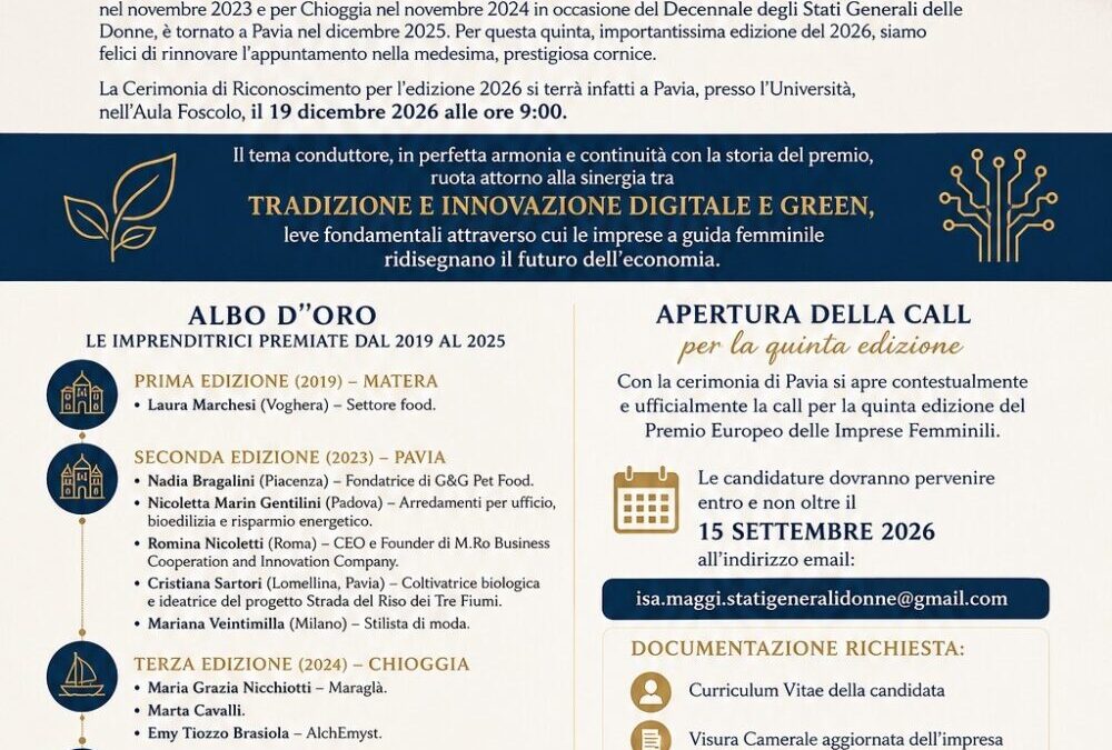 ISA MAGGI: STATI GENERALI DELLE DONNE – PREMIO EUROPEO DELLE IMPRESE FEMMINILI QUINTA EDIZIONE (2026)