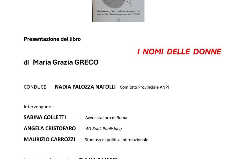 10 ottbre: presentazione del libro “I NOMI DELLE DONNE”